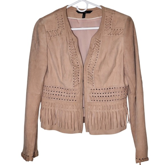 White House Black Market Jackets & Blazers - White House Black Market Suede Fringe Jacket Tan Boho Whipstitch Leather Small